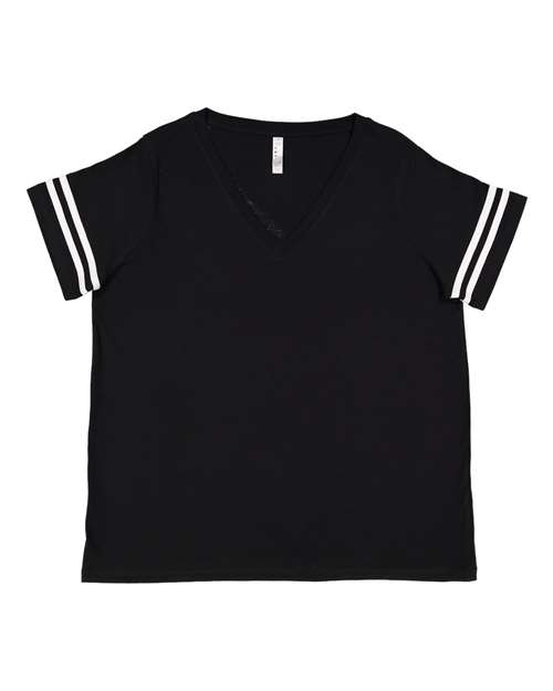 LAT 3837 Women's Curvy Collection Vintage Football Tee - Black Solid/ White - front