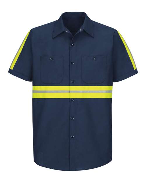 Red Kap SP24ET Men's Tall Enhanced Visibility Industrial Work Shirt - Navy/ Yellow Trim - front