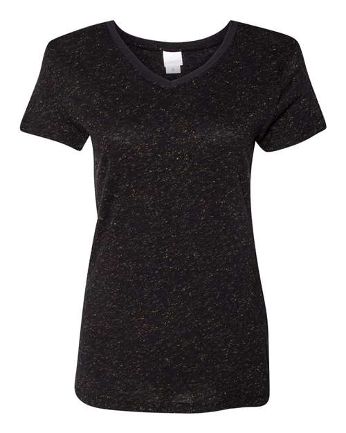 J. America 8136 Women’s Glitter V-Neck T-Shirt - Black/ Gold - front