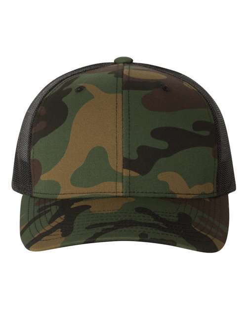 YP Classics 6606 Retro Trucker Cap - Green Camo/ Black - front