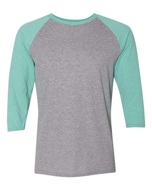 JERZEES 601RR Unisex Triblend Three-Quarter Raglan Baseball T-Shirt - Oxford/ Mint Heather - front