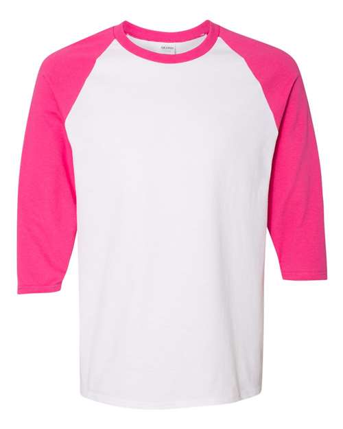 Gildan 5700 Unisex Heavy Cotton™ Raglan Three-Quarter Sleeve T-Shirt - White/ Heliconia - front