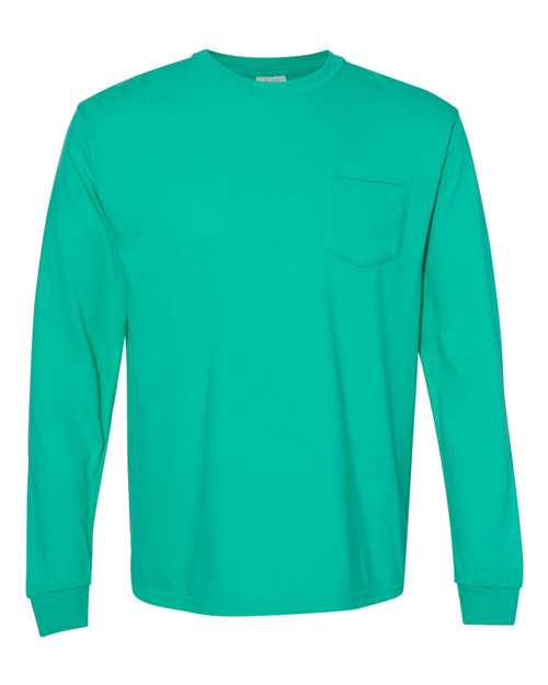Comfort Colors 4410 Unisex Garment-Dyed Heavyweight Long Sleeve Pocket T-Shirt - Island Green - front