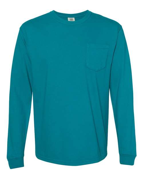 Comfort Colors 4410 Unisex Garment-Dyed Heavyweight Long Sleeve Pocket T-Shirt - Topaz Blue - front