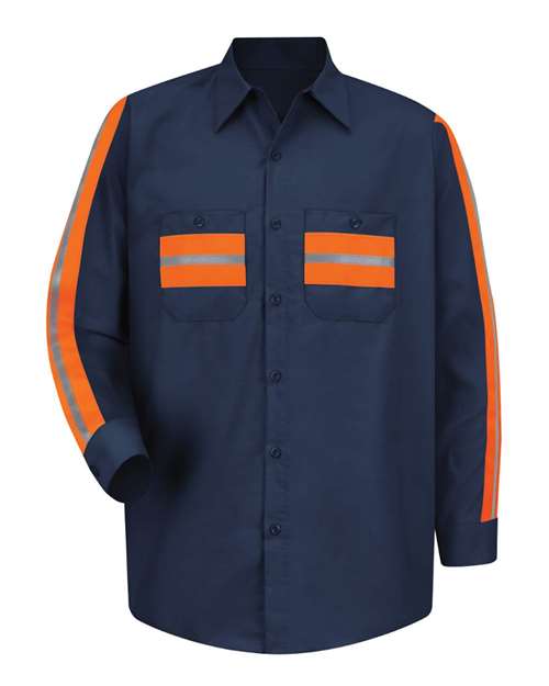 Red Kap SP14E Men's Industrial Enhanced-Visibility Long Sleeve Work Shirt - Navy/ Orange Trim - front