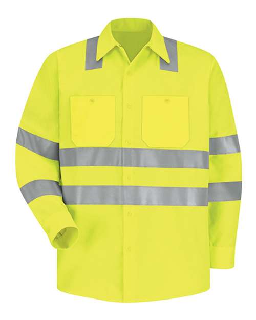 Red Kap SS14HV Men's High Visibility Safety Long Sleeve Work Shirt - AB-Fluorescent Yellow/ Green - front