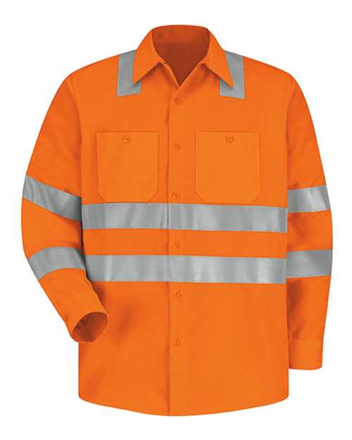 Red Kap SS14HV Men's High Visibility Safety Long Sleeve Work Shirt - OF-Fluorescent Orange - front