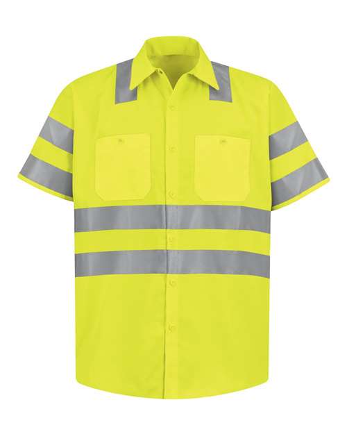 Red Kap SS24HV Men's High Visibility Safety Short Sleeve Work Shirt - AB-Fluorescent Yellow/ Green - front