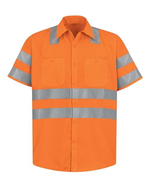 Red Kap SS24HV Men's High Visibility Safety Short Sleeve Work Shirt - OF-Fluorescent Orange - front