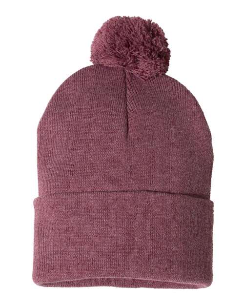 Sportsman SP15 12" Pom-Pom Cuffed Beanie - Heather Cardinal - front