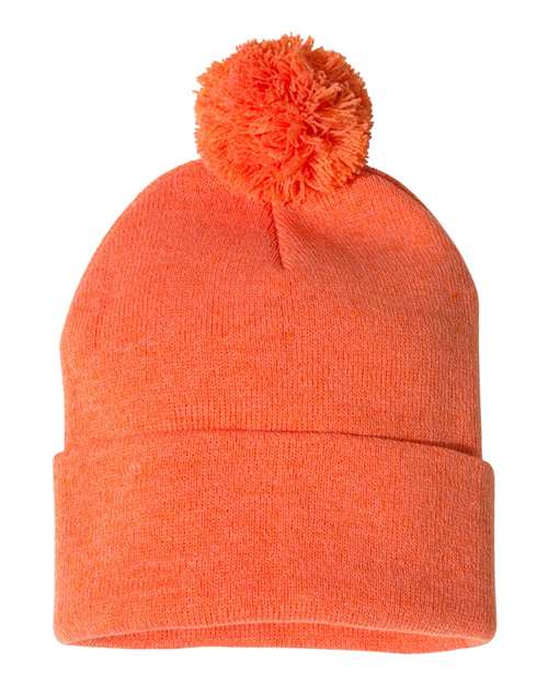 Sportsman SP15 12" Pom-Pom Cuffed Beanie - Heather Orange - front