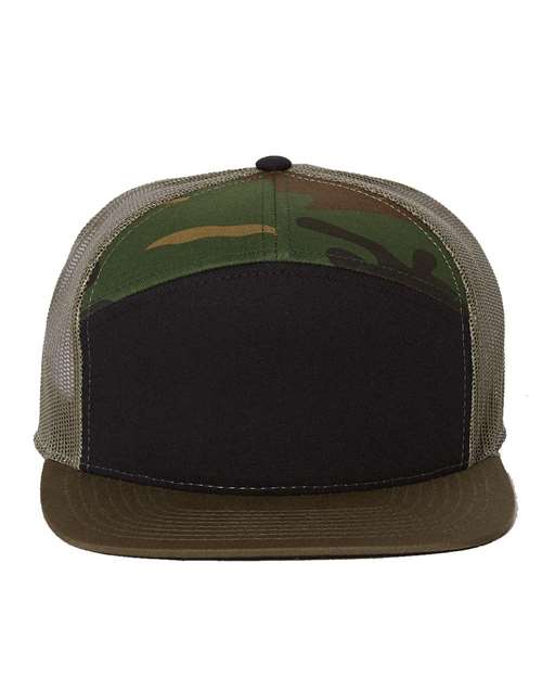 Richardson 168 Seven-Panel Trucker Cap - Black/ Camo/ Loden - front