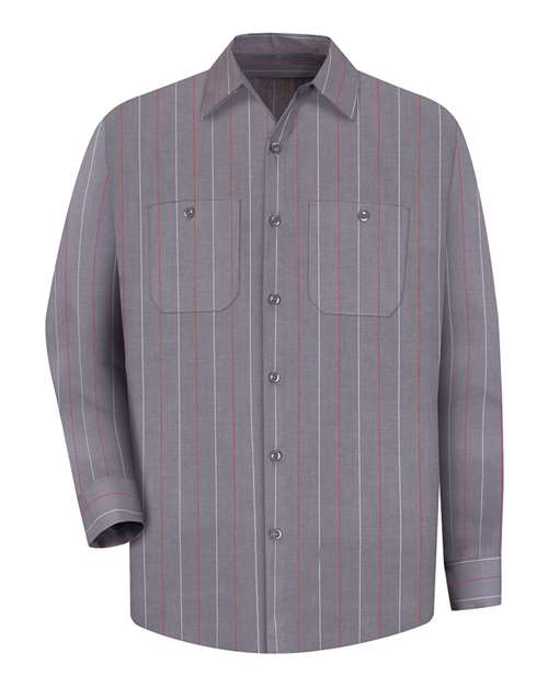 Red Kap SP14T Men's Tall Industrial Long Sleeve Work Shirt - Charcoal/ Red/ White Stripe - front