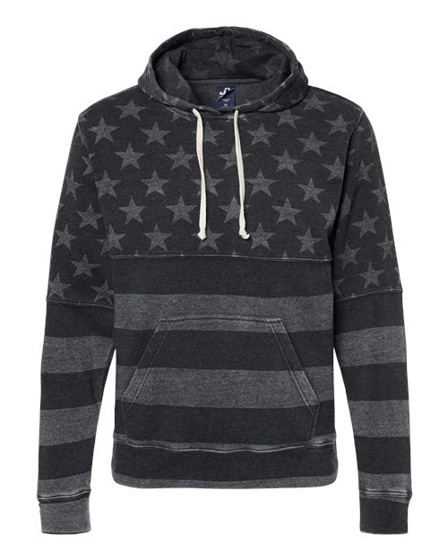 J. America 8871 Men's Triblend Fleece Hooded Sweatshirt - Black Stars & Stripes Triblend - front