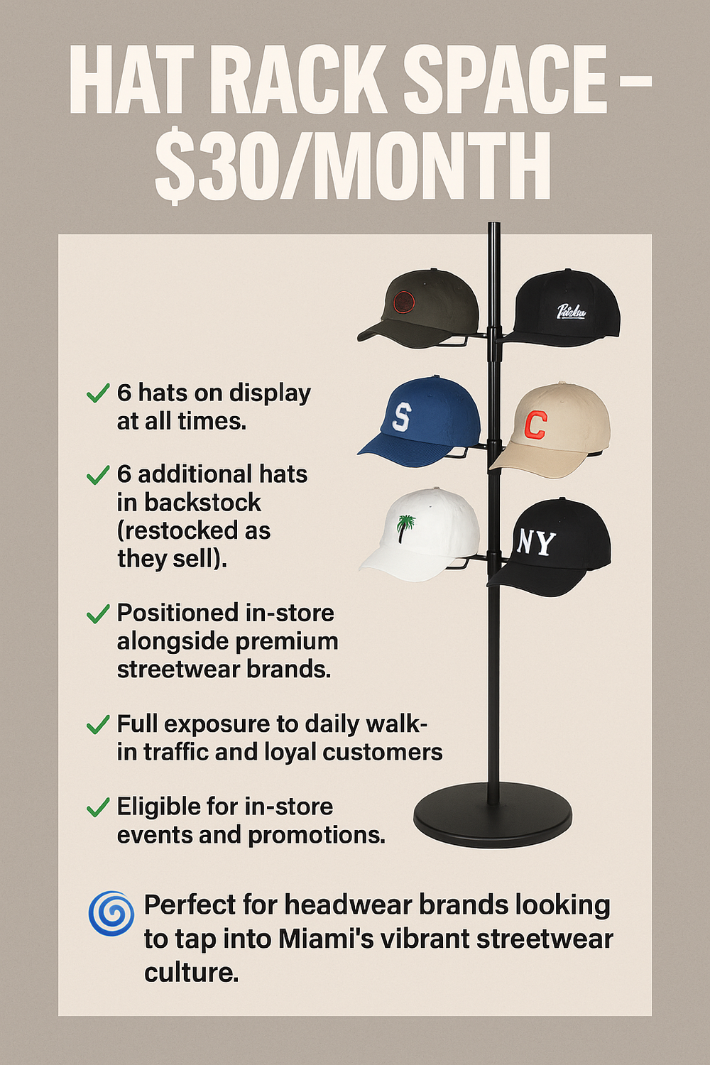 FreshBandz🧢 Hat Rack Space – $30/Month