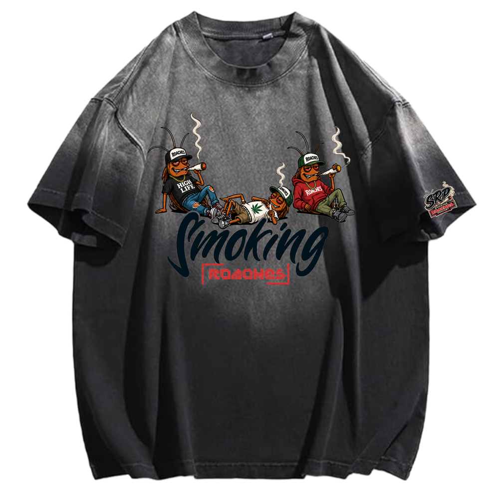 Smoking Roaches Gradient Acid Wash T-Shirt for Men Oversized Podcast Graphic Tee