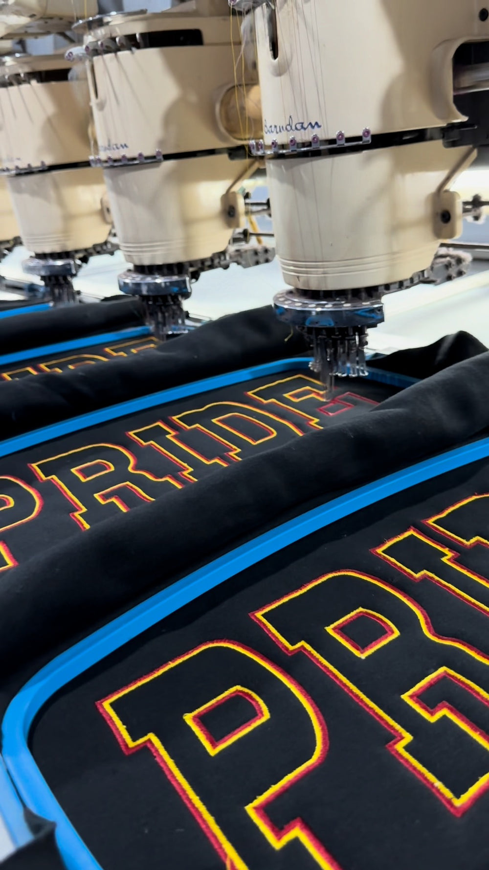 Embroidery in progress at Bandzlandia's manufacturing partner in Pakistan