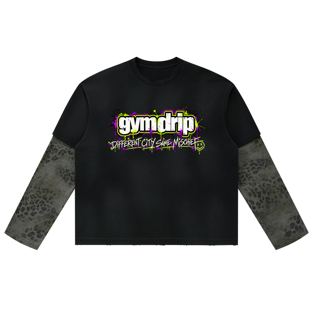 GYM DRIP TOUR BUS COLLECTION Unisex Vintage Wash Leopard Paneled Layer T-Shirt